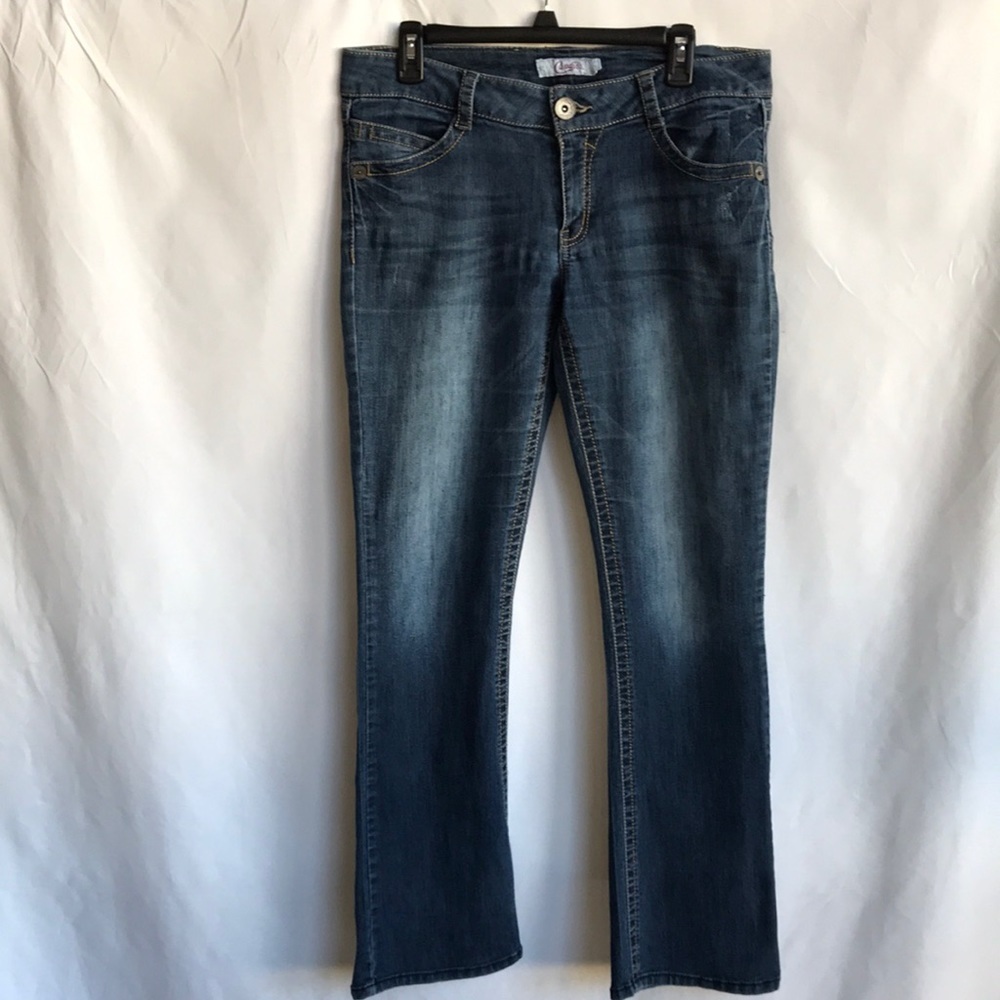 Candie’s flare blue jeans with flattering lighter thigh area